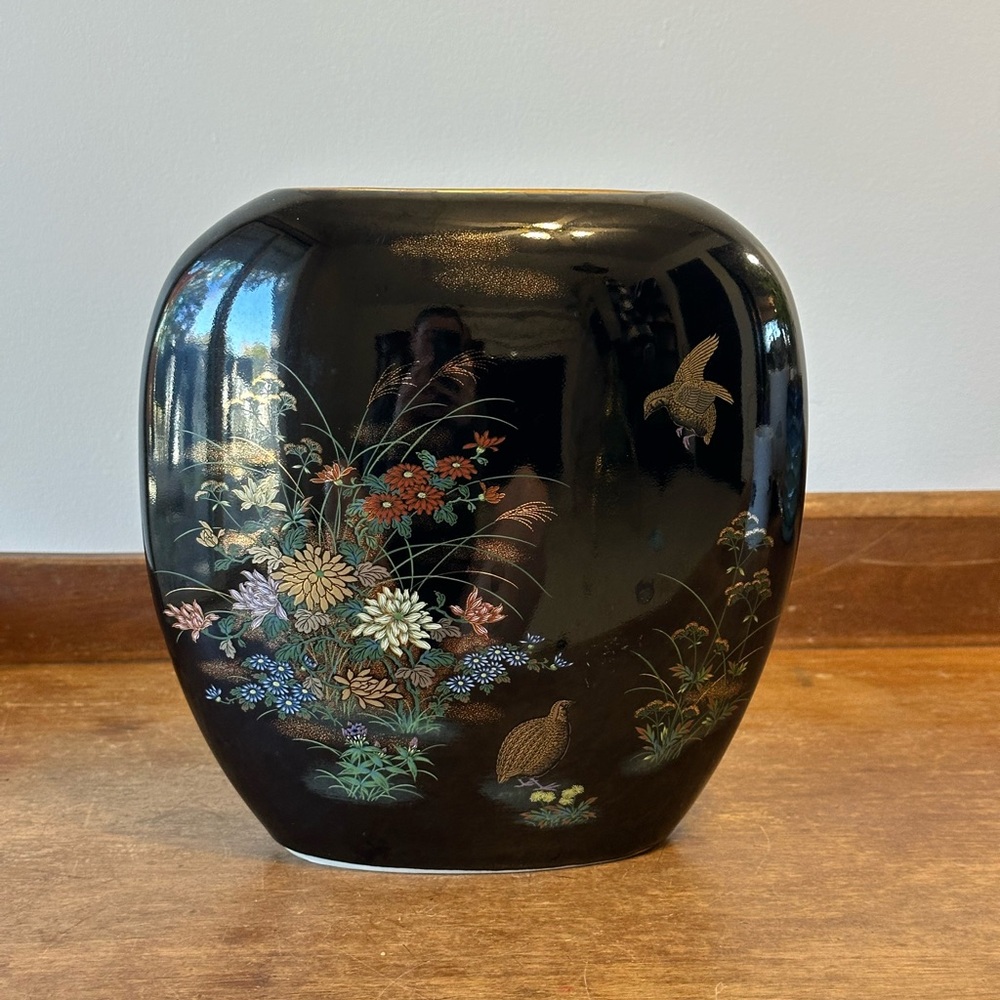 Vintage 80s Black Thin Ceramic Vase Oriental Asian Floral Cherry Blossom